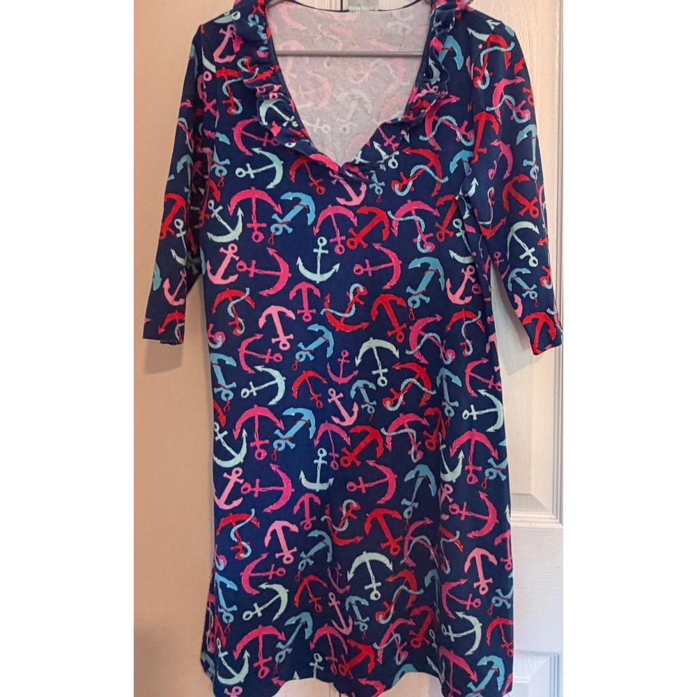 Haley and the Hound Navy Blue Pink Nautical Anchor Ruffle V-Neck Dress Large